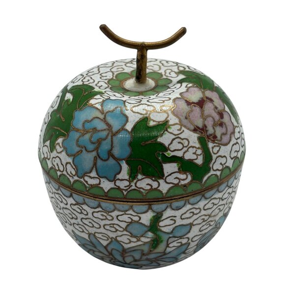 Vintage Cloisonné Apple Trinket Box With Lid - Floral Design Brass Detailing Whi - Picture 7 of 11